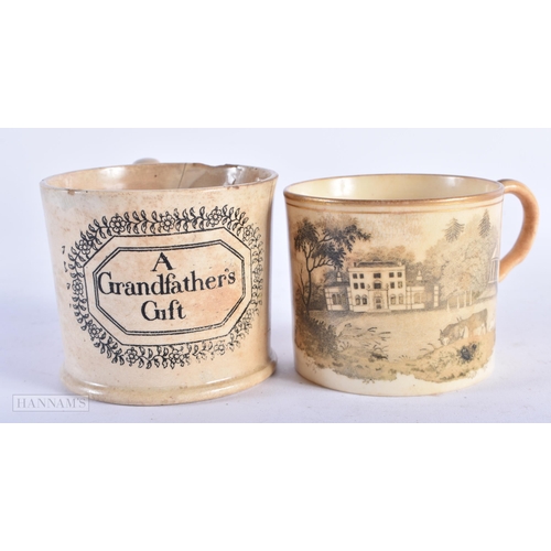 9 - TWO EARLY 19TH CENTURY ENGLISH POTTERY NOVELTY MUGS. 8 cm wide. (2)