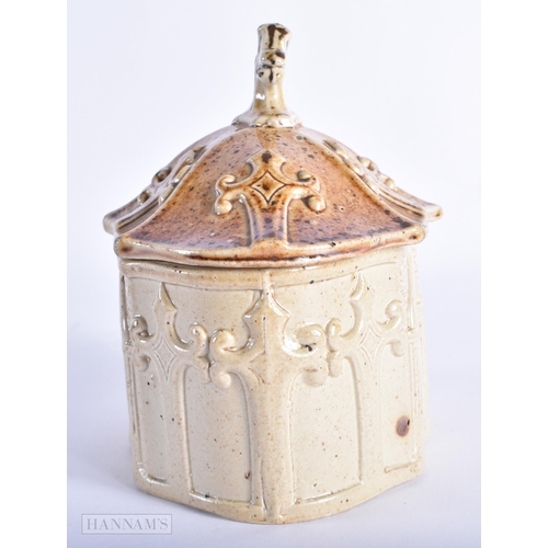 90 - AN UNUSUAL EARLY 19TH CENTURY ENGLISH SALT GLAZED BUTTER DISH AND COVER formed as a building. 14cm x... 