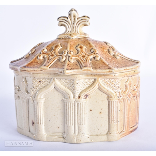 90 - AN UNUSUAL EARLY 19TH CENTURY ENGLISH SALT GLAZED BUTTER DISH AND COVER formed as a building. 14cm x... 