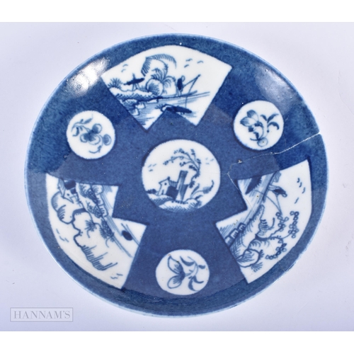 904 - 18th century Worcester saucer painted with the Fisherman in Fan Panel. 12cm diameter