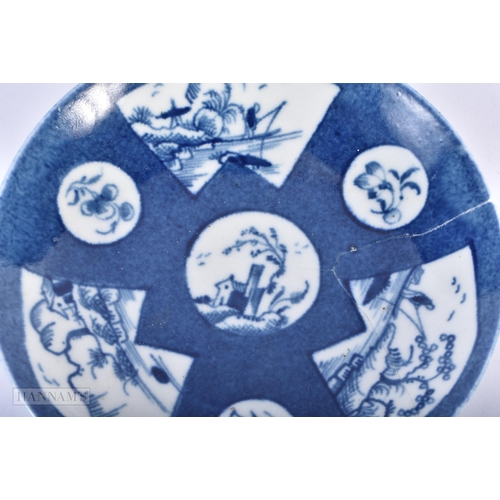 904 - 18th century Worcester saucer painted with the Fisherman in Fan Panel. 12cm diameter