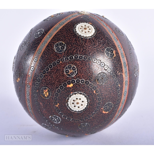 92 - AN ANGLO INDIAN INLAID LACQUER SPHERICAL BALL together with a necklace. (2)