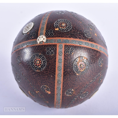 92 - AN ANGLO INDIAN INLAID LACQUER SPHERICAL BALL together with a necklace. (2)