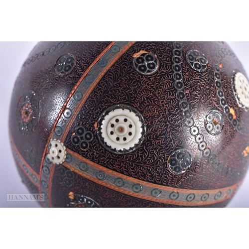 92 - AN ANGLO INDIAN INLAID LACQUER SPHERICAL BALL together with a necklace. (2)