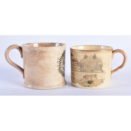 9 - TWO EARLY 19TH CENTURY ENGLISH POTTERY NOVELTY MUGS. 8 cm wide. (2)