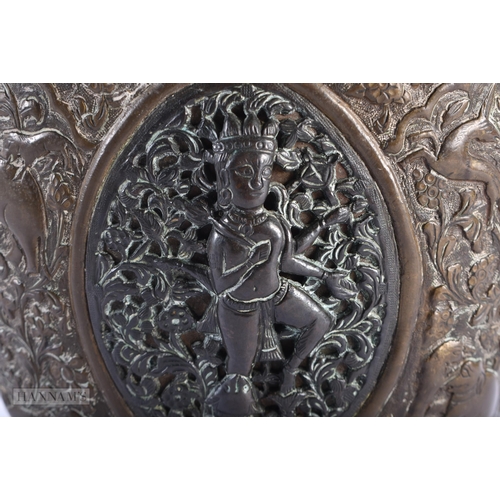 95 - A LARGE 19TH CENTURY INDIAN BRONZE AND COPPER ALLOY PEDESTAL VASE decorated with panels of hindu dei... 