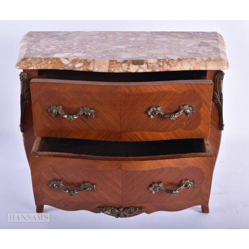 96 - A RARE EARLY 20TH CENTURY FRENCH APPRENTICE MADE COMMODE with marble top. 27cm x 24 cm x 16 cm.