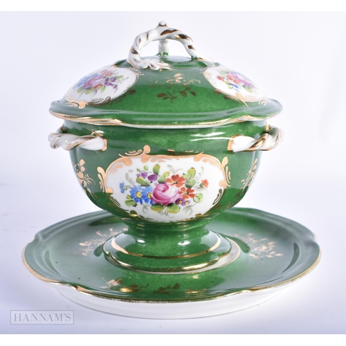 98 - A FRENCH PORCELAIN SEVRES STYLE PORCELAIN ECUELLE AND COVER painted with flowers. 17 cm wide.