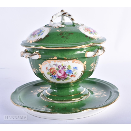 98 - A FRENCH PORCELAIN SEVRES STYLE PORCELAIN ECUELLE AND COVER painted with flowers. 17 cm wide.