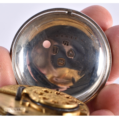 1273 - AN ANTIQUE SILVER POCKET WATCH. Not running. 134.2 grams overall. London 1864. 5.25 cm diameter.