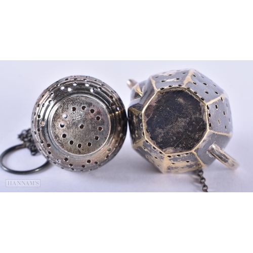 1282 - TWO SILVER TEA INFUSERS. 29.3 grams. Largest 5.25 cm x 5.5 cm. (2)