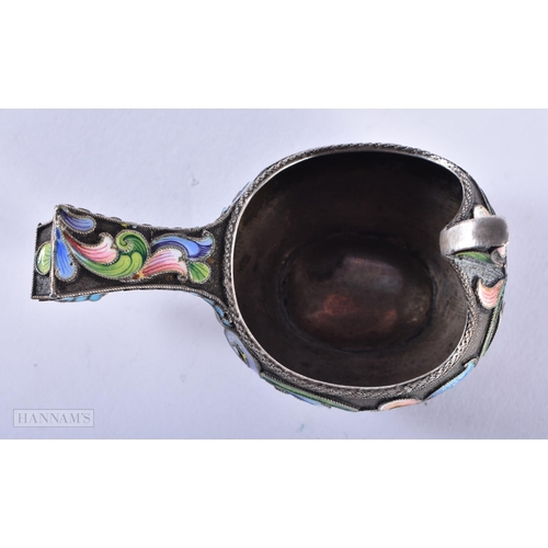 1283 - AN ANTIQUE RUSSIAN SILVER AND ENAMEL KOVSCH. 50.7 grams. 7.75 cm x 4.5 cm.