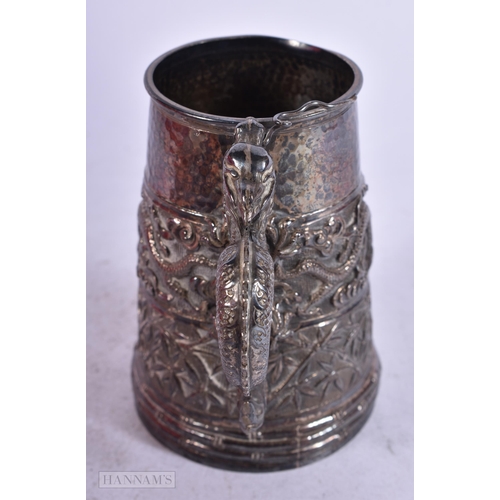 1947 - AN ANTIQUE CHINESE EXPORT SILVER DRAGON MUG. 139.4 grams. 10 cm x 9 cm.