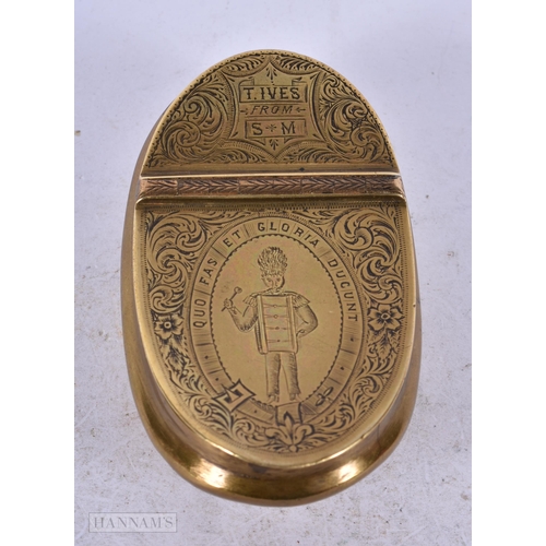 1952 - A FINE EARLY 19TH CENTURY ENGLISH MILITARY BRASS SNUFF BOX. 89 grams. 9 cm x 5.25 cm.