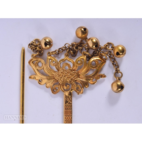 2654 - TWO CHINESE YELLOW METAL HAIRPINS. 50 grams. 18cm long. (2)