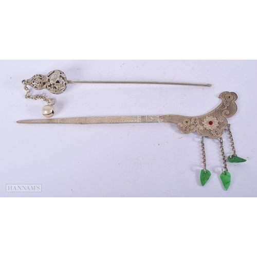 2659 - TWO CHINESE WHITE METAL HAIR PINS. 46 grams. 20 cm long. (2)