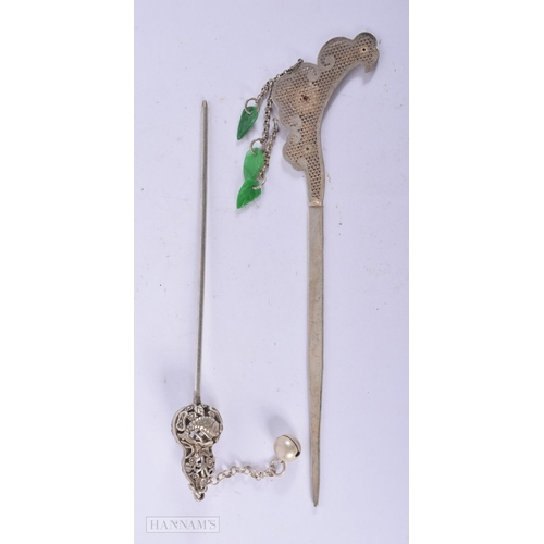 2659 - TWO CHINESE WHITE METAL HAIR PINS. 46 grams. 20 cm long. (2)