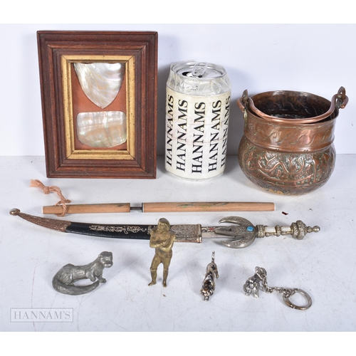 3013 - A small Central Asian repossee copper pot  together with a miniature  japanese Samurai , framed moth... 