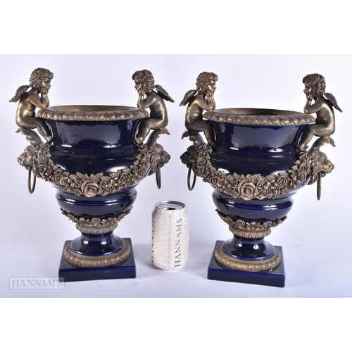 4124 - A LARGE PAIR OF CONTINENTAL BRONZE MOUNTED PORCELAIN VASES. 36 cm x 24 cm.