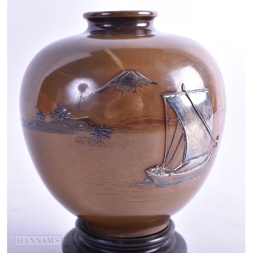 100 - A LOVELY 19TH CENTURY JAPANESE MEIJI PERIOD BRONZE SILVER SHIBUICHI VASE decorated with a boat at fu... 