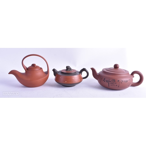 101 - THREE EARLY 20TH CENTURY CHINESE YIXING POTTERY TEAPOTS AND COVERS Late Qing/Republic. Largest 15 cm... 