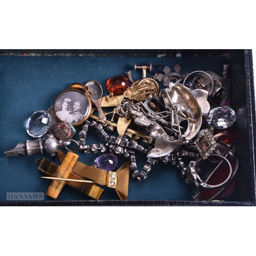 107 - A COLLECTION OF ANTIQUE JEWELLERY contained with a jewellery box. Silver 27.5 grams. (qty)