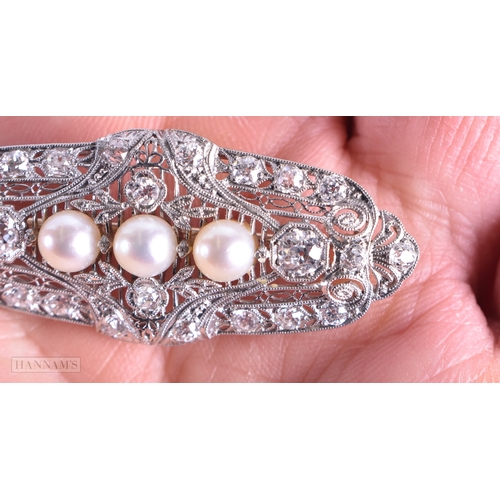 112 - A FINE ANTIQUE 18CT WHITE GOLD OLD CUT DIAMOND BROOCH set with three cultured pearls, contained with... 