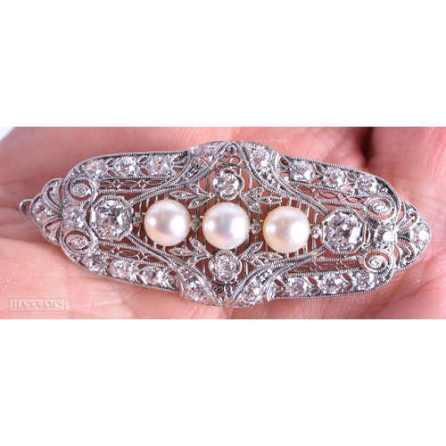 112 - A FINE ANTIQUE 18CT WHITE GOLD OLD CUT DIAMOND BROOCH set with three cultured pearls, contained with... 