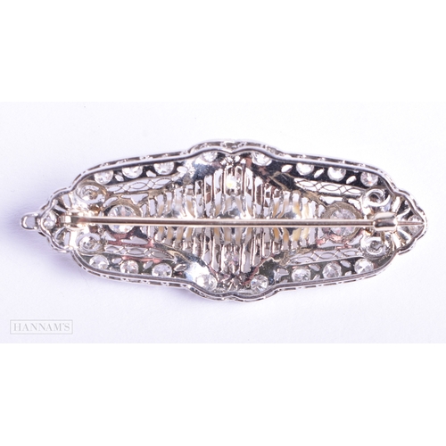 112 - A FINE ANTIQUE 18CT WHITE GOLD OLD CUT DIAMOND BROOCH set with three cultured pearls, contained with... 