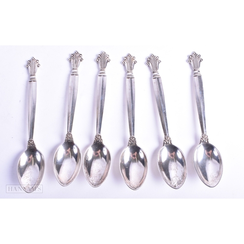 118 - A SET OF SIX ART DECO DANISH SILVER GEORG JENSEN SILVER SPOONS. 110 grams. 12.25 cm long. (6)