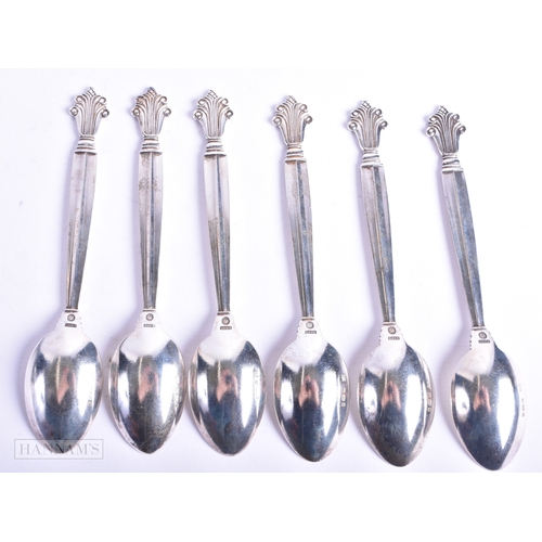 118 - A SET OF SIX ART DECO DANISH SILVER GEORG JENSEN SILVER SPOONS. 110 grams. 12.25 cm long. (6)