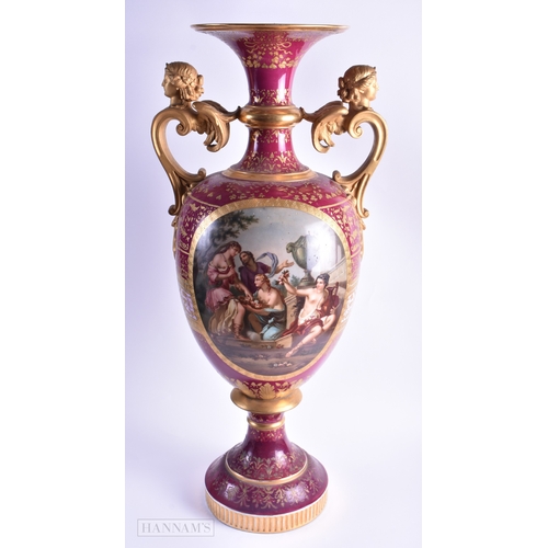 131 - A VERY LARGE 19TH CENTURY TWIN HANDLED VIENNA PORCELAIN VASE painted with romantic scenes after Kauf... 