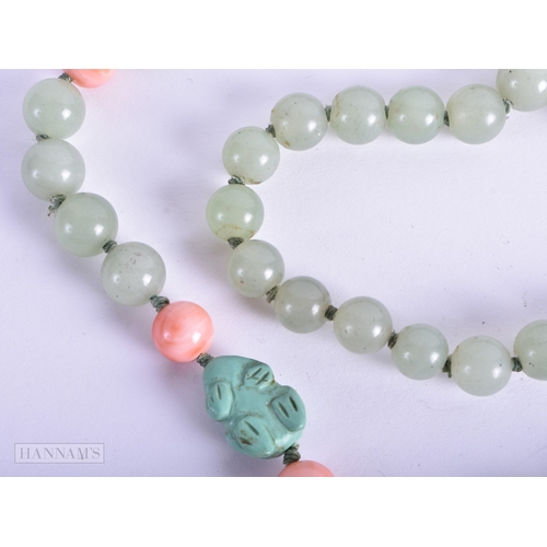 146 - A LATE 19TH CENTURY CHINESE JADE TURQUOISE AND CORAL NECKLACE Late Qing, formed with toads and mount... 