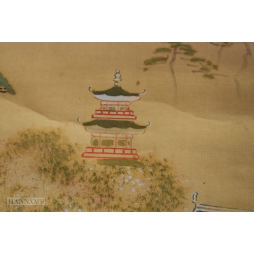 151 - A 19TH CENTURY JAPANESE MEIJI PERIOD WATERCOLOUR LANDSCAPE SCROLL. 195 cm x 55 cm.