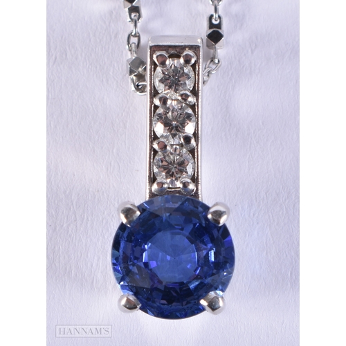 161 - A FINE PLATINUM SAPPHIRE AND DIAMOND NECKLACE. 11.4 grams. Chain 46 cm long, pendant 2.5 cm x 0.75 c... 