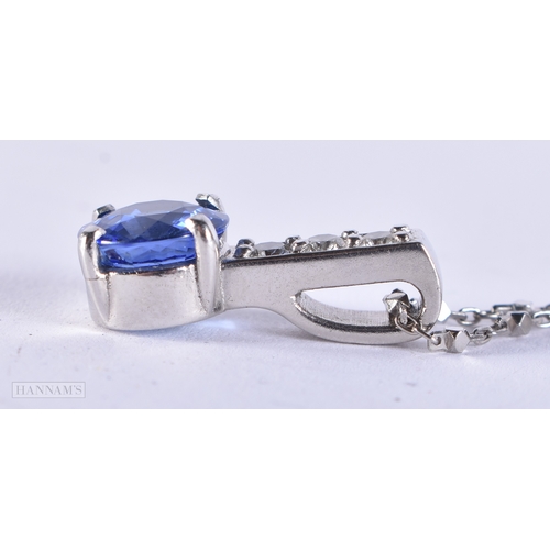 161 - A FINE PLATINUM SAPPHIRE AND DIAMOND NECKLACE. 11.4 grams. Chain 46 cm long, pendant 2.5 cm x 0.75 c... 