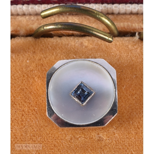 164 - A SET OF ART DECO 9CT & 18CT WHITE GOLD AND SAPPHIRE DRESS STUDS. 3.5 grams. Each 1 cm diameter. (4)