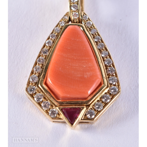 168 - AN 18CT GOLD CORAL AND DIAMOND PENDANT. 5.5 grams. 3 cm x 1.5 cm.