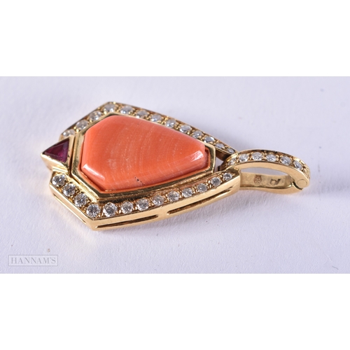 168 - AN 18CT GOLD CORAL AND DIAMOND PENDANT. 5.5 grams. 3 cm x 1.5 cm.