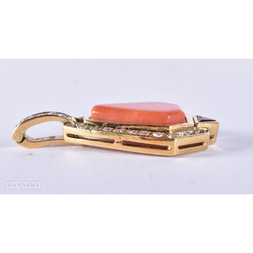 168 - AN 18CT GOLD CORAL AND DIAMOND PENDANT. 5.5 grams. 3 cm x 1.5 cm.