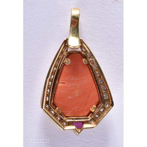 168 - AN 18CT GOLD CORAL AND DIAMOND PENDANT. 5.5 grams. 3 cm x 1.5 cm.