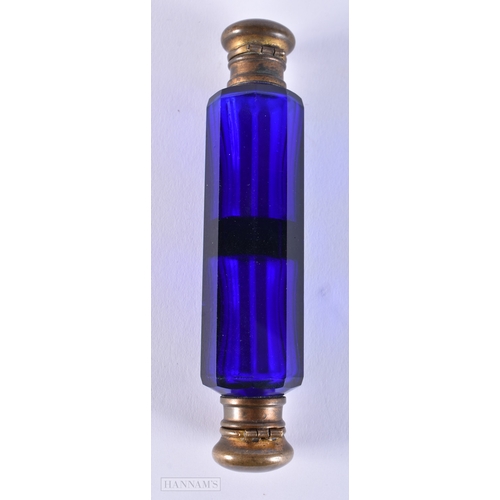 180 - A VICTORIAN BRISTOL BLUE GLASS SCENT BOTTLE. 13 cm long.