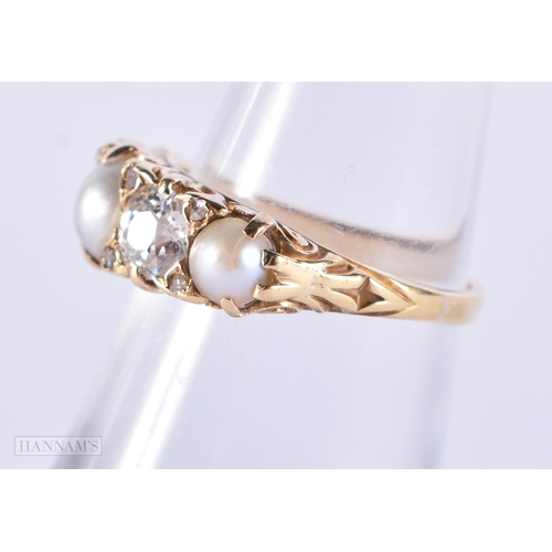 183 - A LOVELY LATE VICTORIAN SPLIT PEARL GOLD AND DIAMOND FIVE STONE RING of approximately 0.5 cts of dia... 