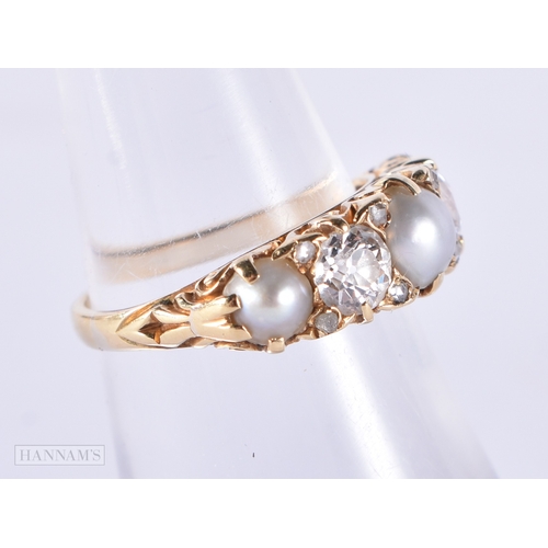 183 - A LOVELY LATE VICTORIAN SPLIT PEARL GOLD AND DIAMOND FIVE STONE RING of approximately 0.5 cts of dia... 