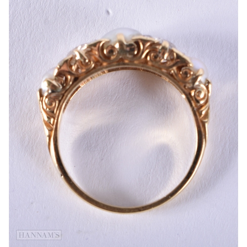 183 - A LOVELY LATE VICTORIAN SPLIT PEARL GOLD AND DIAMOND FIVE STONE RING of approximately 0.5 cts of dia... 