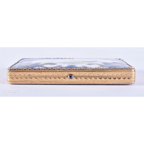 186 - A FINE ANTIQUE 18CT GOLD AND ENAMEL RECTANGULAR BOX stamped Cartier, with sapphire cabochon clasp, p... 