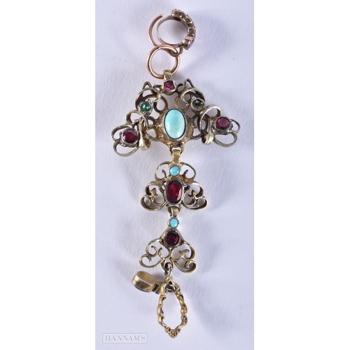 191 - A 19TH CENTURY CONTINENTAL GARNET TURQUOISE AND EMERALD PENDANT mounted in yellow metal. 6.4 grams. ... 