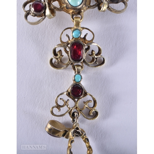 191 - A 19TH CENTURY CONTINENTAL GARNET TURQUOISE AND EMERALD PENDANT mounted in yellow metal. 6.4 grams. ... 