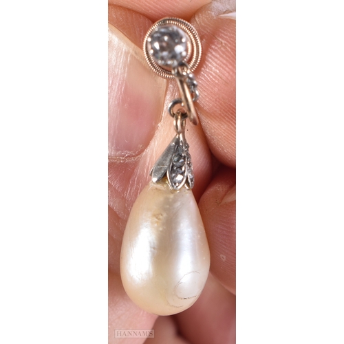 196 - A FINE PAIR OF NATURAL PEARL AND DIAMOND DROP EARRINGS the natural pearl drops measuring approximate... 