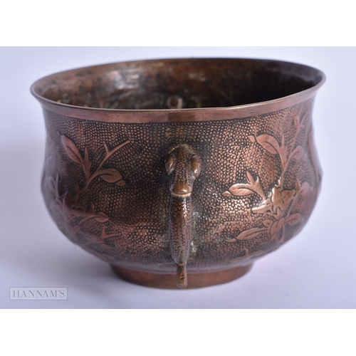 213 - A CHINESE QING DYNASTY TWIN HANDLED BRONZE CENSER decorated with birds and flowers. 263 grams. 12 cm... 